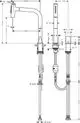 Hansgrohe Ausziehbrause mit zwei Strahlarten und einem flexiblen Arm. Die technischen Details sind als schematische Zeichnung dargestellt.